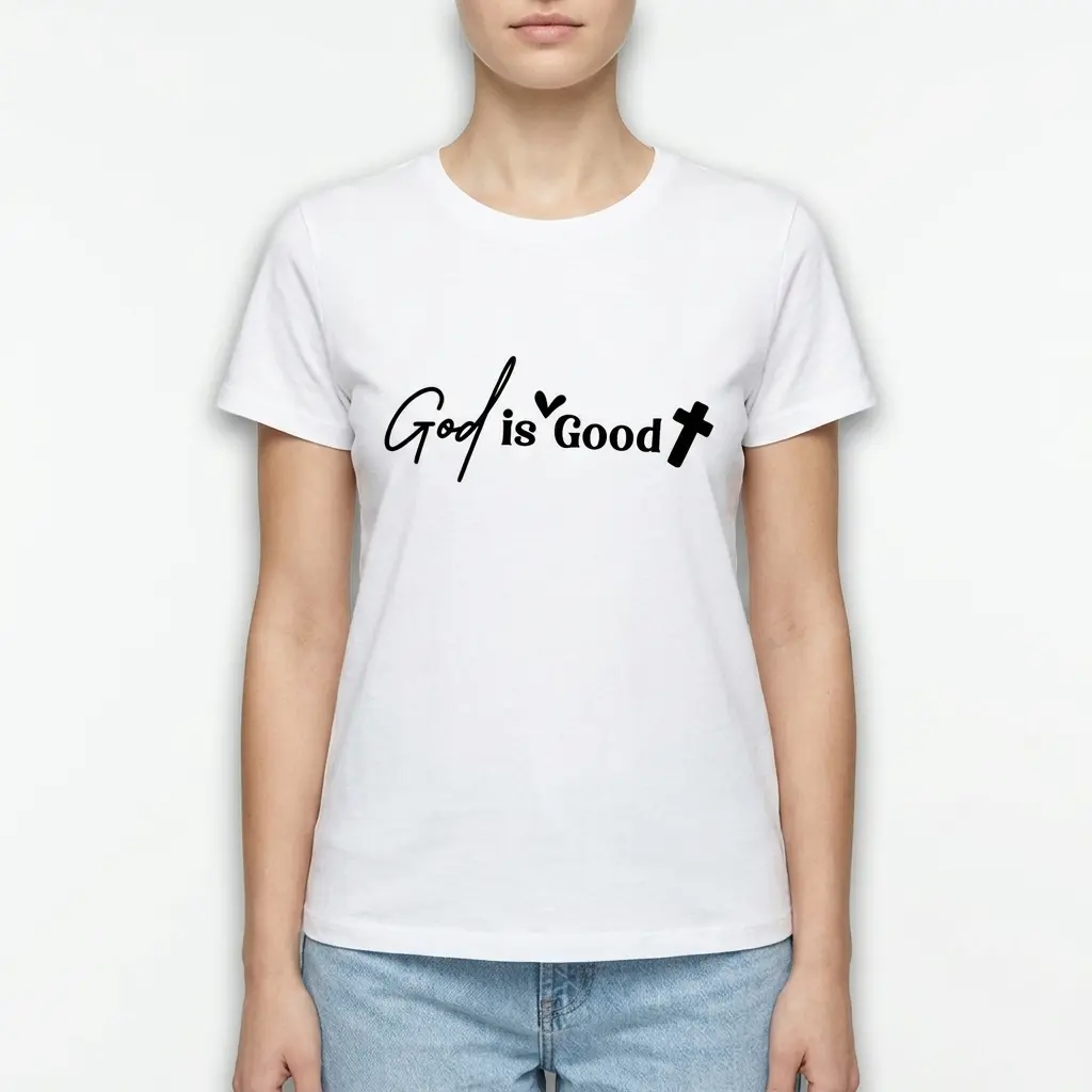 God Is Good Minimalist Christian T-Shirt 4 Minimalist white shirt featuring 'God Is Good' phrase and cross.