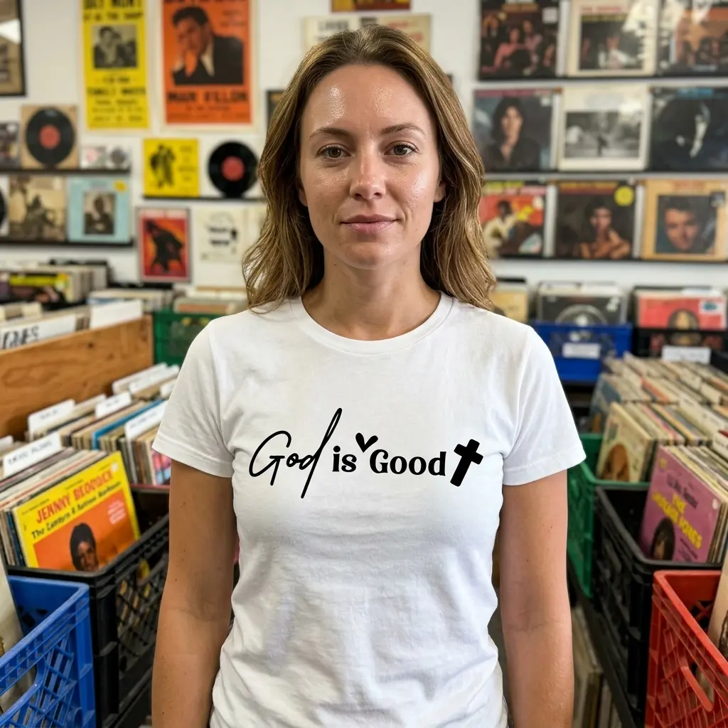 God Is Good Minimalist Christian T-Shirt 6 Person wearing 'God Is Good' t-shirt in lifestyle setting.