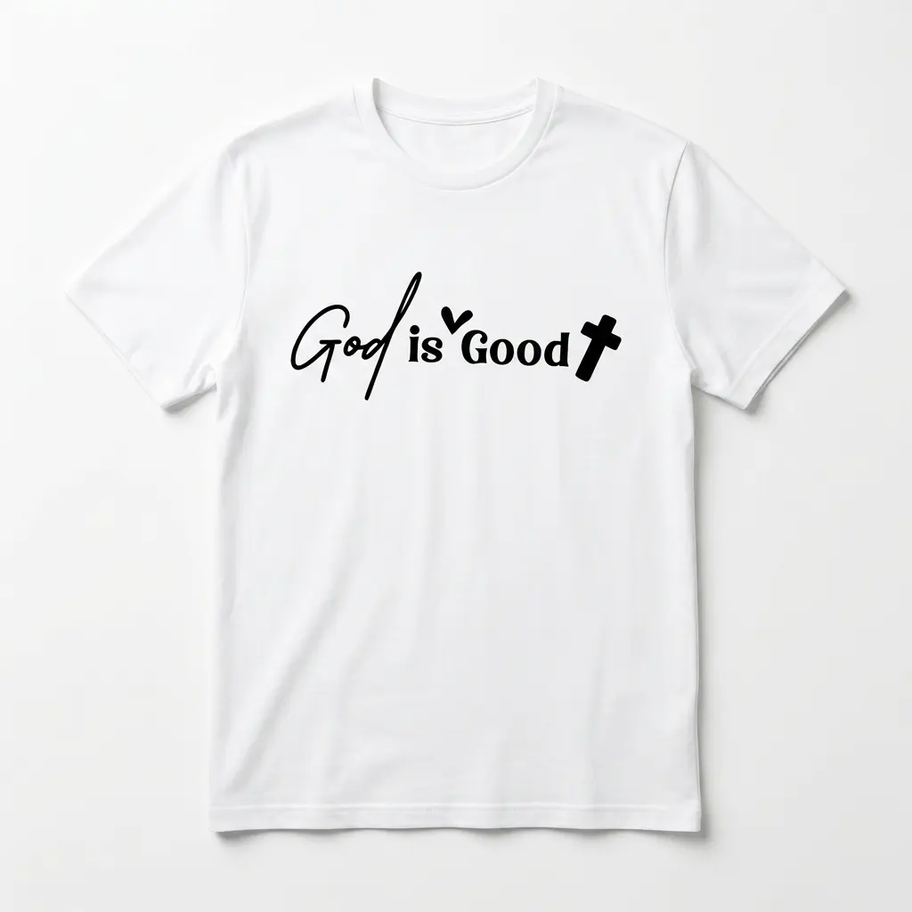 God Is Good Minimalist Christian T-Shirt 1 White t-shirt with 'God Is Good' text and cross design.