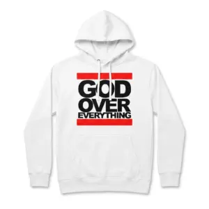 God Over Everything Streetwear Graphic Tee 7 Front view of a white tee with 'God Over Everything' in bold lettering.