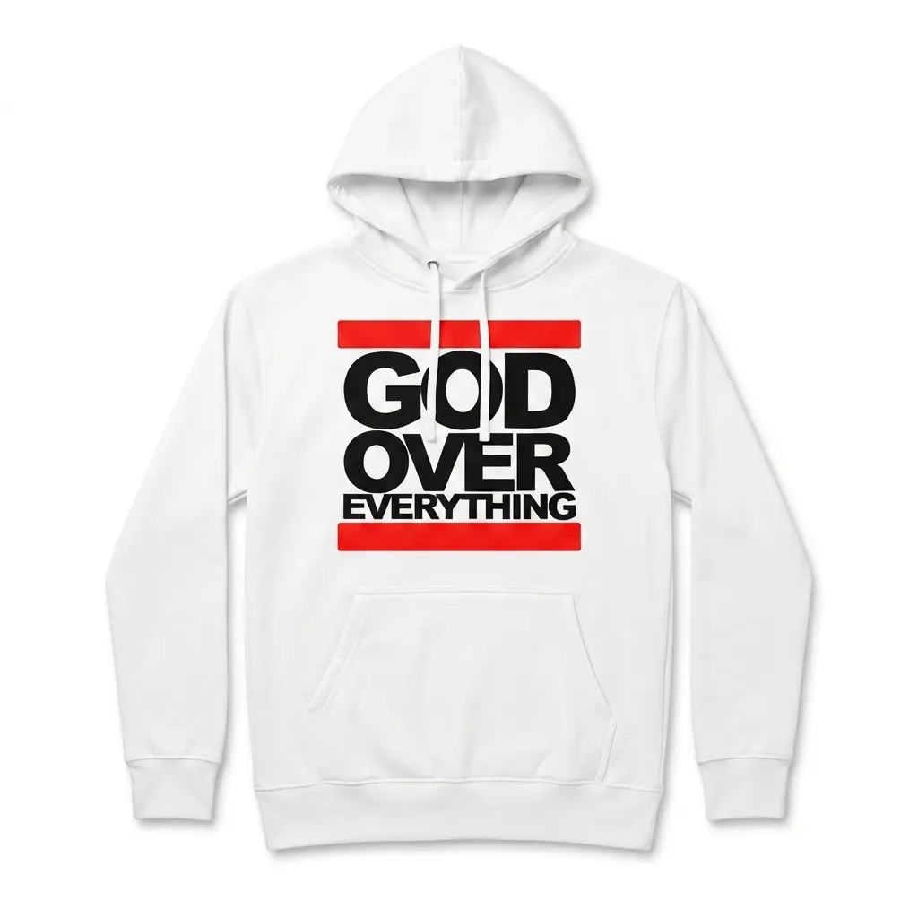 God Over Everything Streetwear Graphic Tee 2 Front view of a white tee with 'God Over Everything' in bold lettering.
