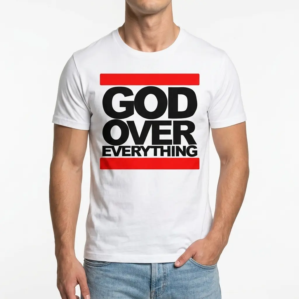 God Over Everything Streetwear Graphic Tee 3 White graphic tee featuring 'God Over Everything' in striking black and red text.