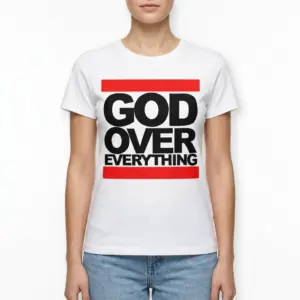 God Over Everything Streetwear Graphic Tee 9 Bold 'God Over Everything' design on a white t-shirt, black and red text.