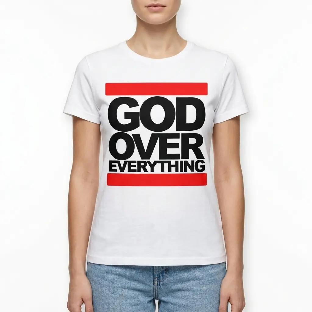 God Over Everything Streetwear Graphic Tee 4 Bold 'God Over Everything' design on a white t-shirt, black and red text.