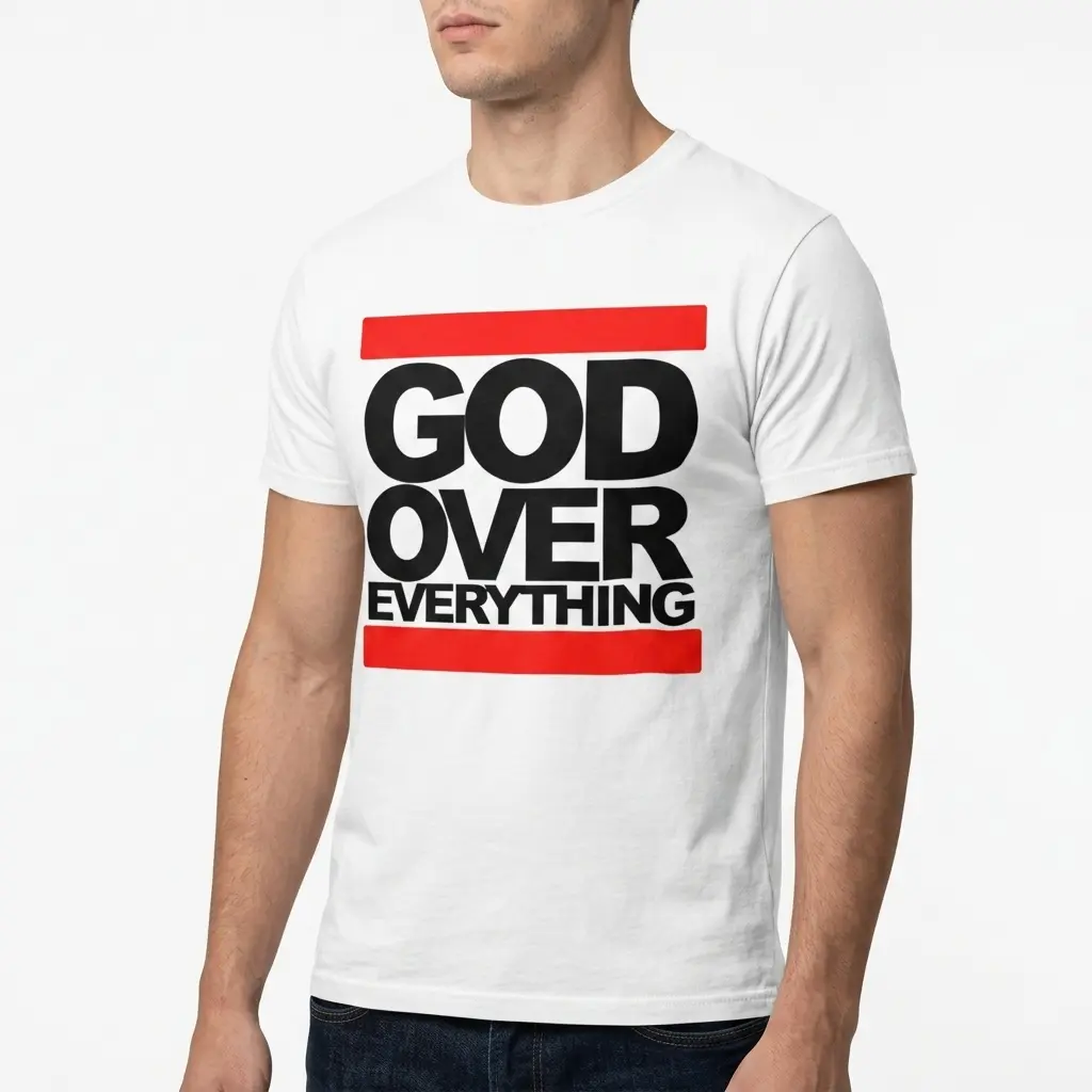 God Over Everything Streetwear Graphic Tee 5 White shirt with graphic text 'God Over Everything' in black and red.