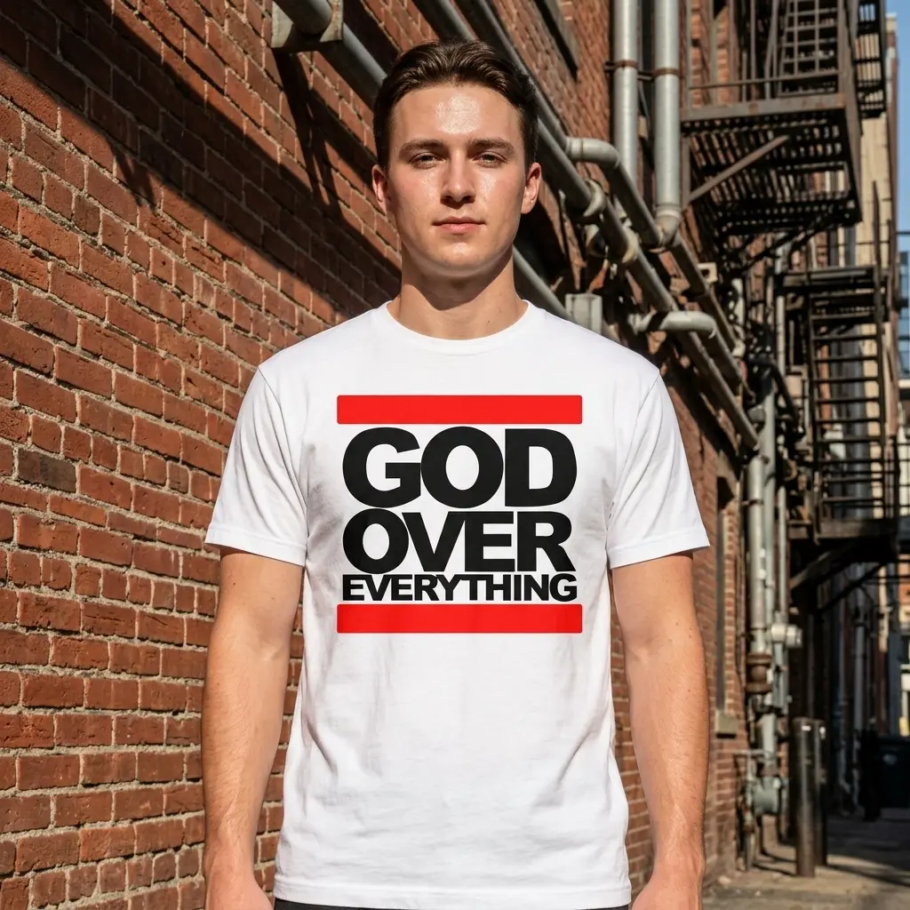 God Over Everything Streetwear Graphic Tee 6 Person wearing 'God Over Everything' white tee, casual streetwear style.