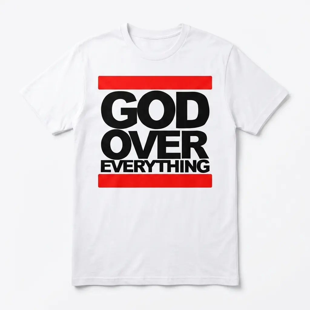 God Over Everything Streetwear Graphic Tee 1 White t-shirt with 'God Over Everything' graphic in bold black and red text.