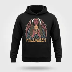 Gothic Angel Halloween T-Shirt 7 Front flat lay of a hoodie version with Gothic Halloween angel design.