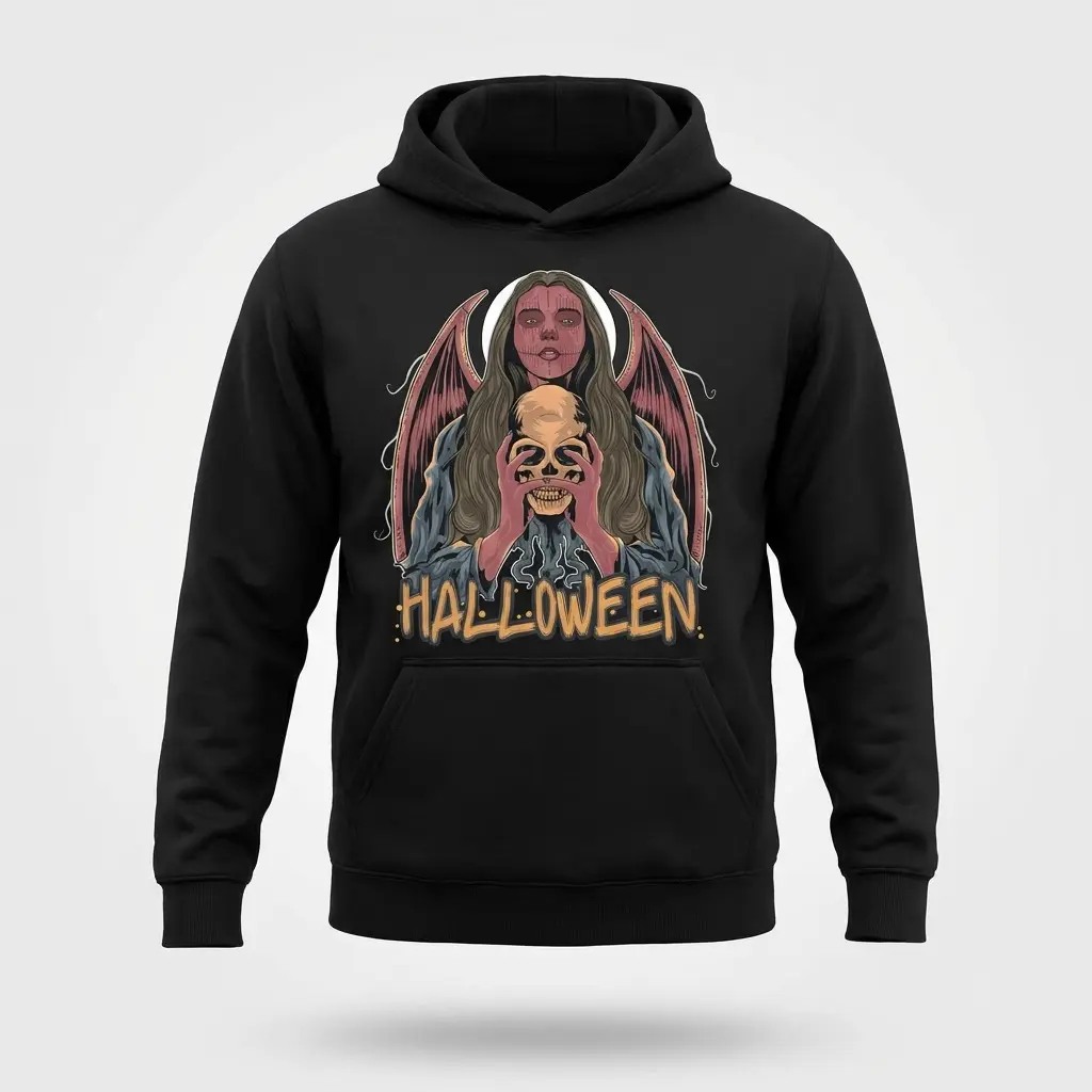 Gothic Angel Halloween T-Shirt 2 Front flat lay of a hoodie version with Gothic Halloween angel design.