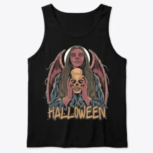 Gothic Angel Halloween T-Shirt 8 Tank top front flat lay showcasing Gothic Halloween angel graphic.