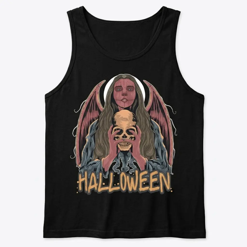 Gothic Angel Halloween T-Shirt 3 Tank top front flat lay showcasing Gothic Halloween angel graphic.