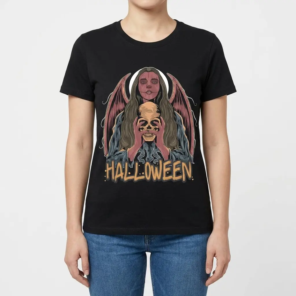 Gothic Angel Halloween T-Shirt 4 Woman wearing the Gothic Halloween T-Shirt with angel and skull art, front view.