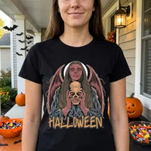 Gothic Angel Halloween T-Shirt 10 Model in a casual setting wearing the Gothic Halloween T-Shirt.