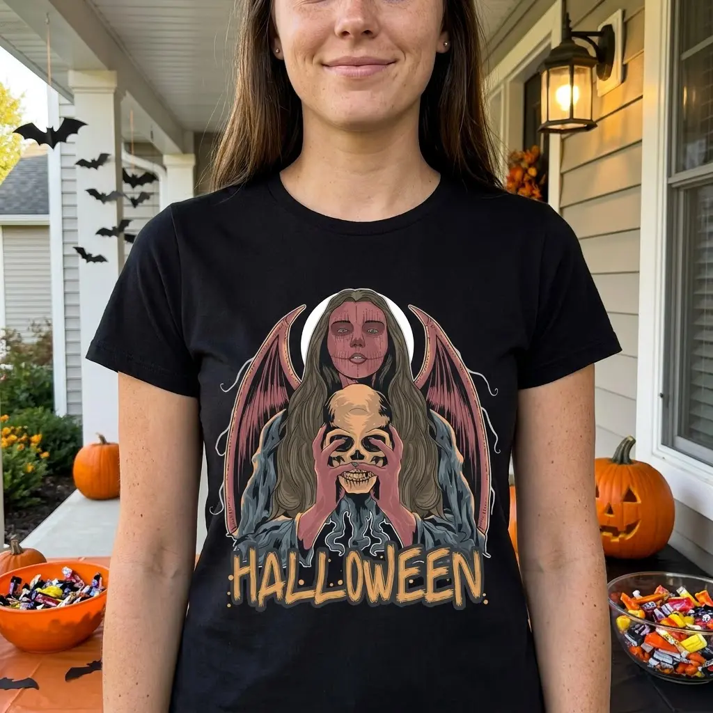 Gothic Angel Halloween T-Shirt 5 Model in a casual setting wearing the Gothic Halloween T-Shirt.