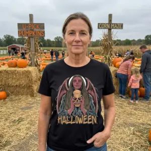 Gothic Angel Halloween T-Shirt 11 Woman outdoors in the Gothic Halloween T-Shirt with angel design.
