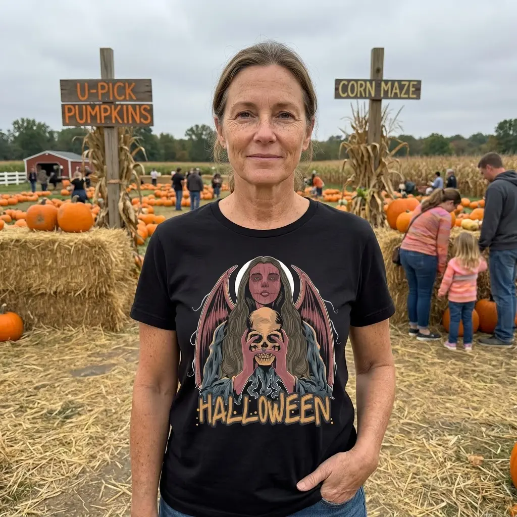 Gothic Angel Halloween T-Shirt 6 Woman outdoors in the Gothic Halloween T-Shirt with angel design.