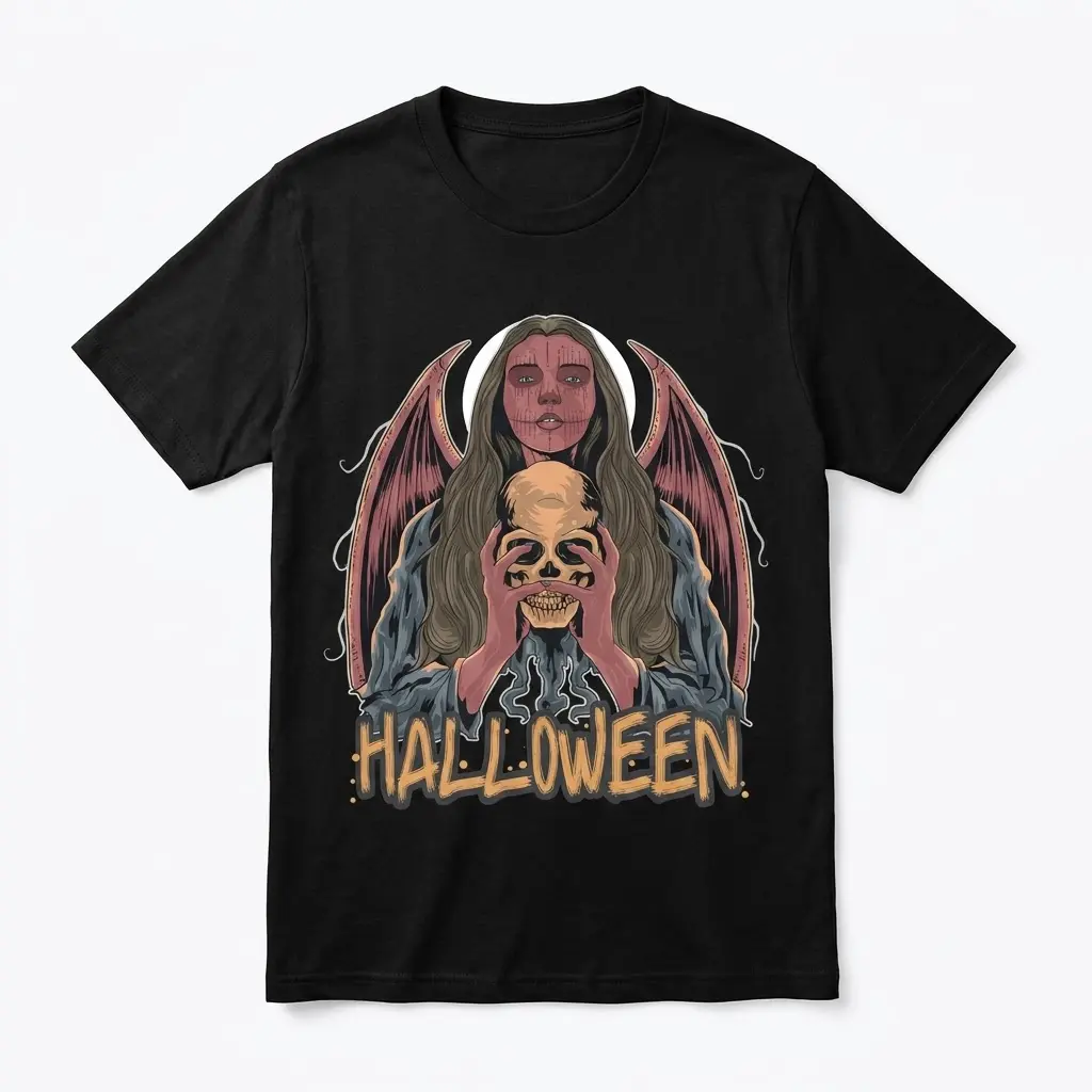 Gothic Angel Halloween T-Shirt 1 Gothic Halloween T-Shirt with eerie angel and skull design, flat lay front view.