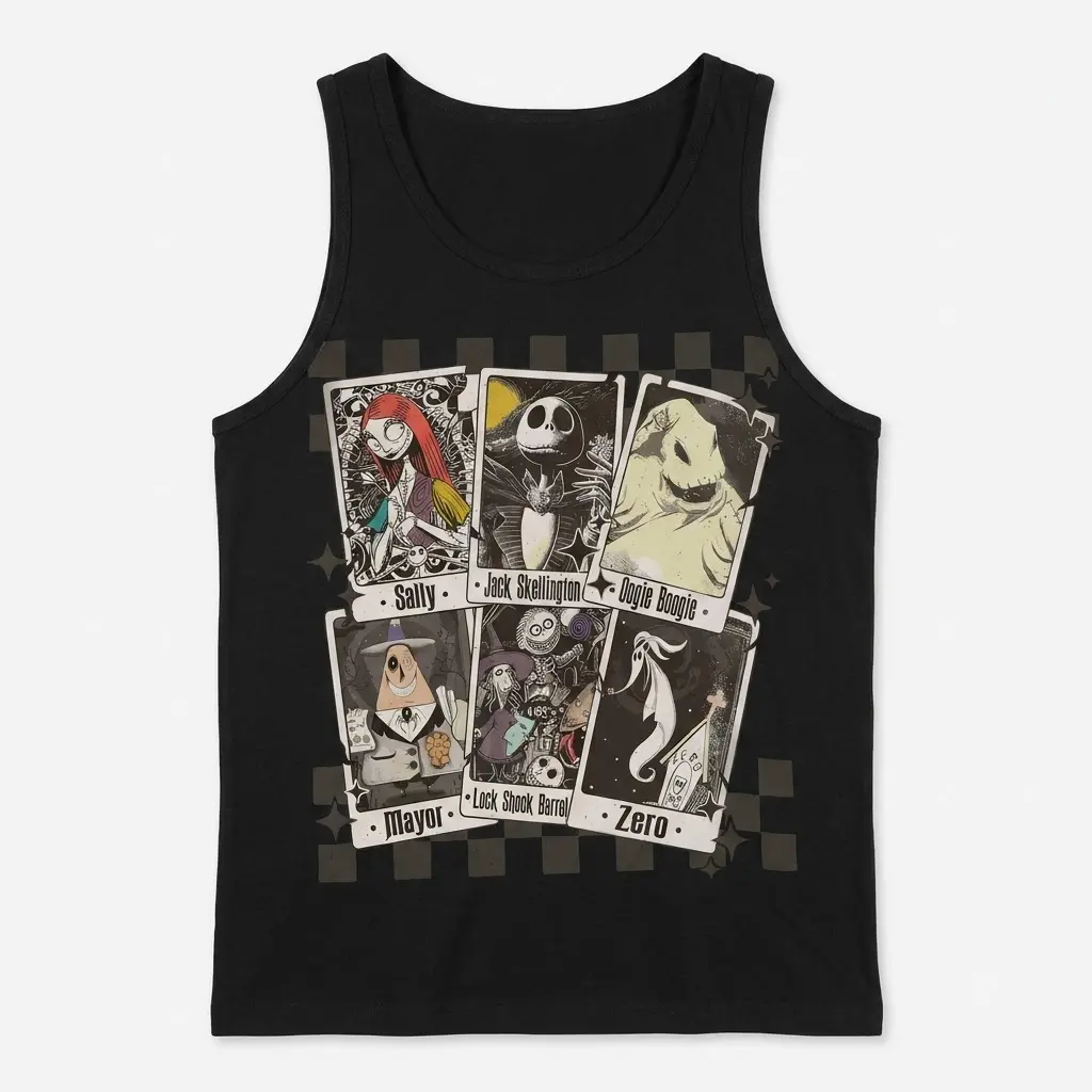 Gothic Tarot Characters T-Shirt 3 Front view of a black tank top with Gothic Tarot-themed cartoon character illustrations.