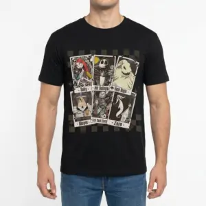 Gothic Tarot Characters T-Shirt 9 Model wearing a black Gothic Tarot t-shirt, featuring dark fantasy cartoon characters.