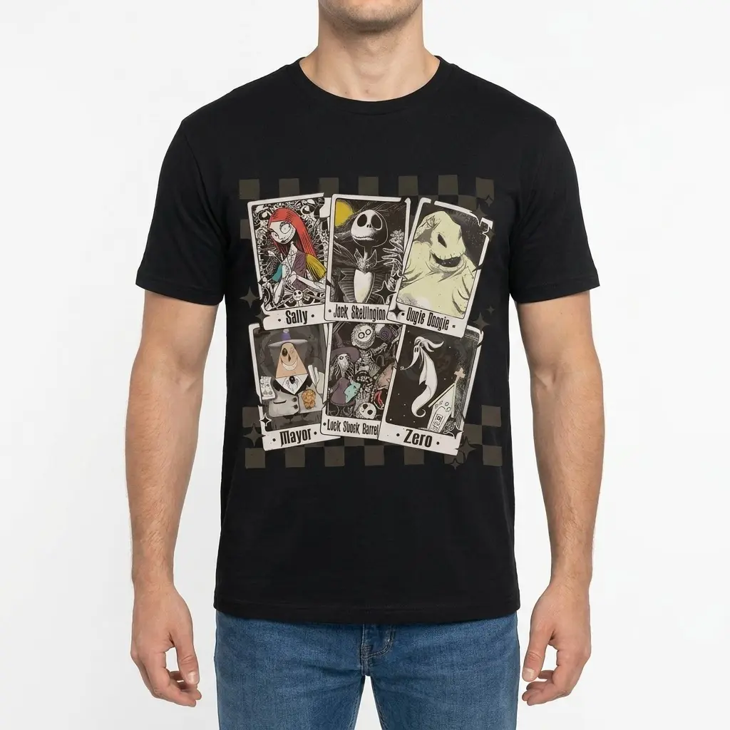 Gothic Tarot Characters T-Shirt 4 Model wearing a black Gothic Tarot t-shirt, featuring dark fantasy cartoon characters.