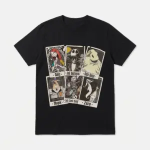 Front view of a black Gothic Tarot t-shirt featuring stylized dark fantasy characters.