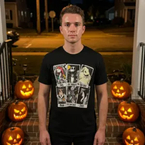 Gothic Tarot Characters T-Shirt 10 Outdoor lifestyle shot of a person wearing a Gothic Tarot t-shirt against a spooky backdrop.