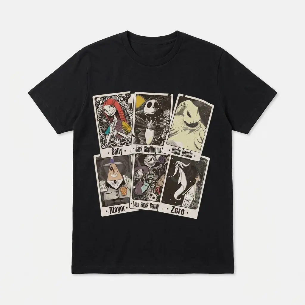 Gothic Tarot Characters T-Shirt 1 Front view of a black Gothic Tarot t-shirt featuring stylized dark fantasy characters.