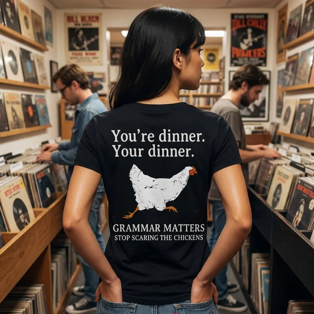 Grammar Matters Chicken Pun T-Shirt 5 Person wearing a black t-shirt with a humorous chicken grammar design in a casual setting.