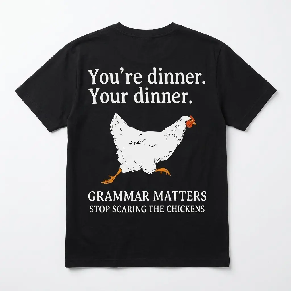 Grammar Matters Chicken Pun T-Shirt 1 Back view of a black t-shirt featuring a grammar joke about chickens.
