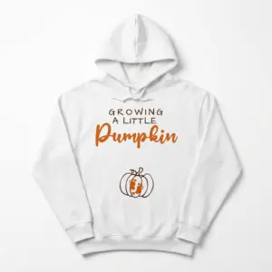 Growing A Little Pumpkin Pregnancy Announcement Shirt 7 Front view of white maternity shirt with pumpkin graphic.