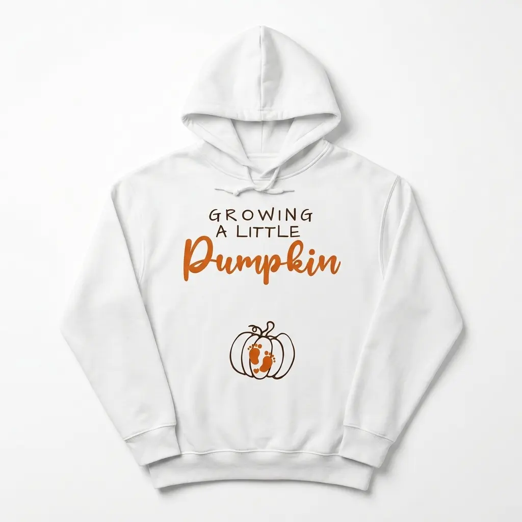 Growing A Little Pumpkin Pregnancy Announcement Shirt 2 Front view of white maternity shirt with pumpkin graphic.