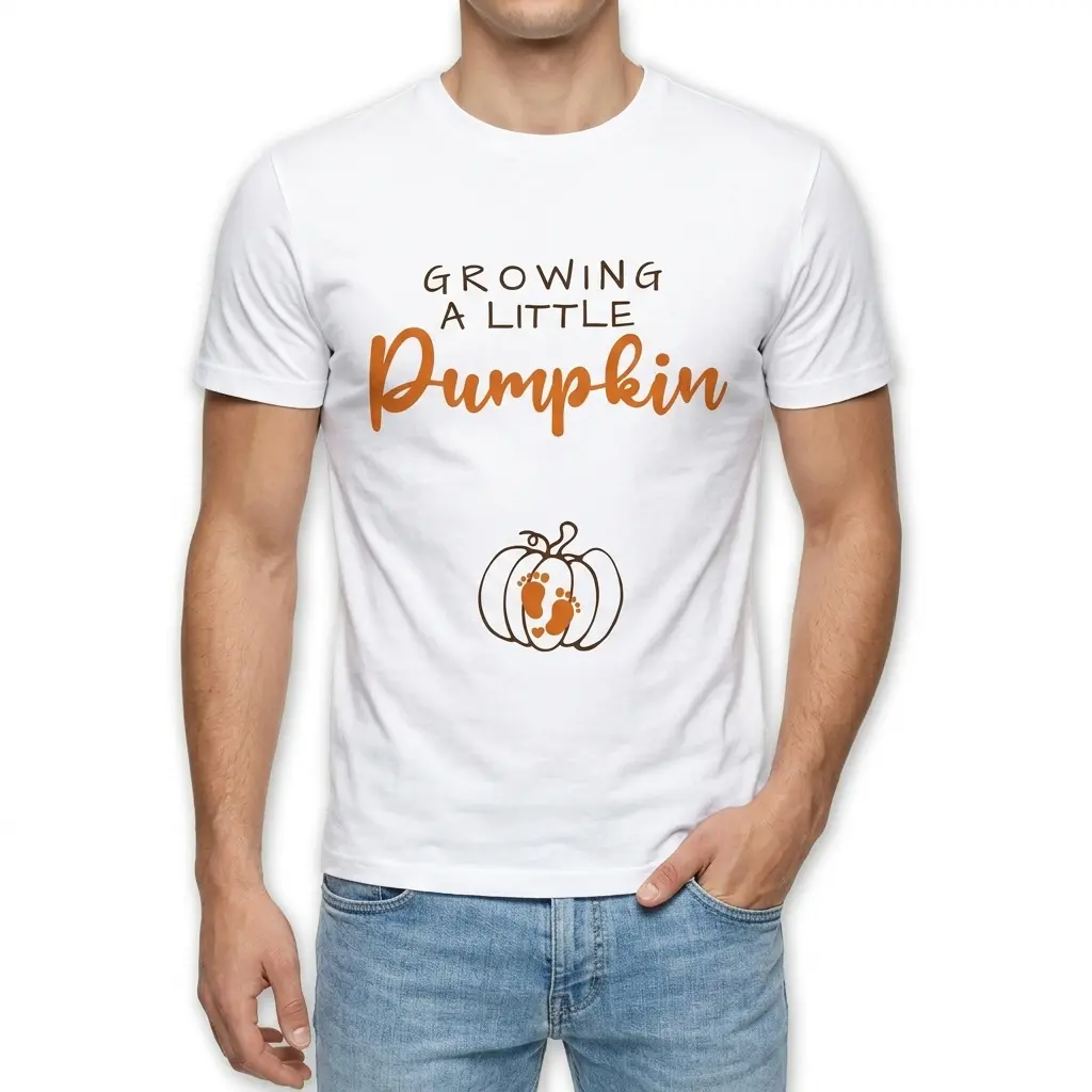 Growing A Little Pumpkin Pregnancy Announcement Shirt 3 Close-up of pregnancy announcement shirt with pumpkin motif.