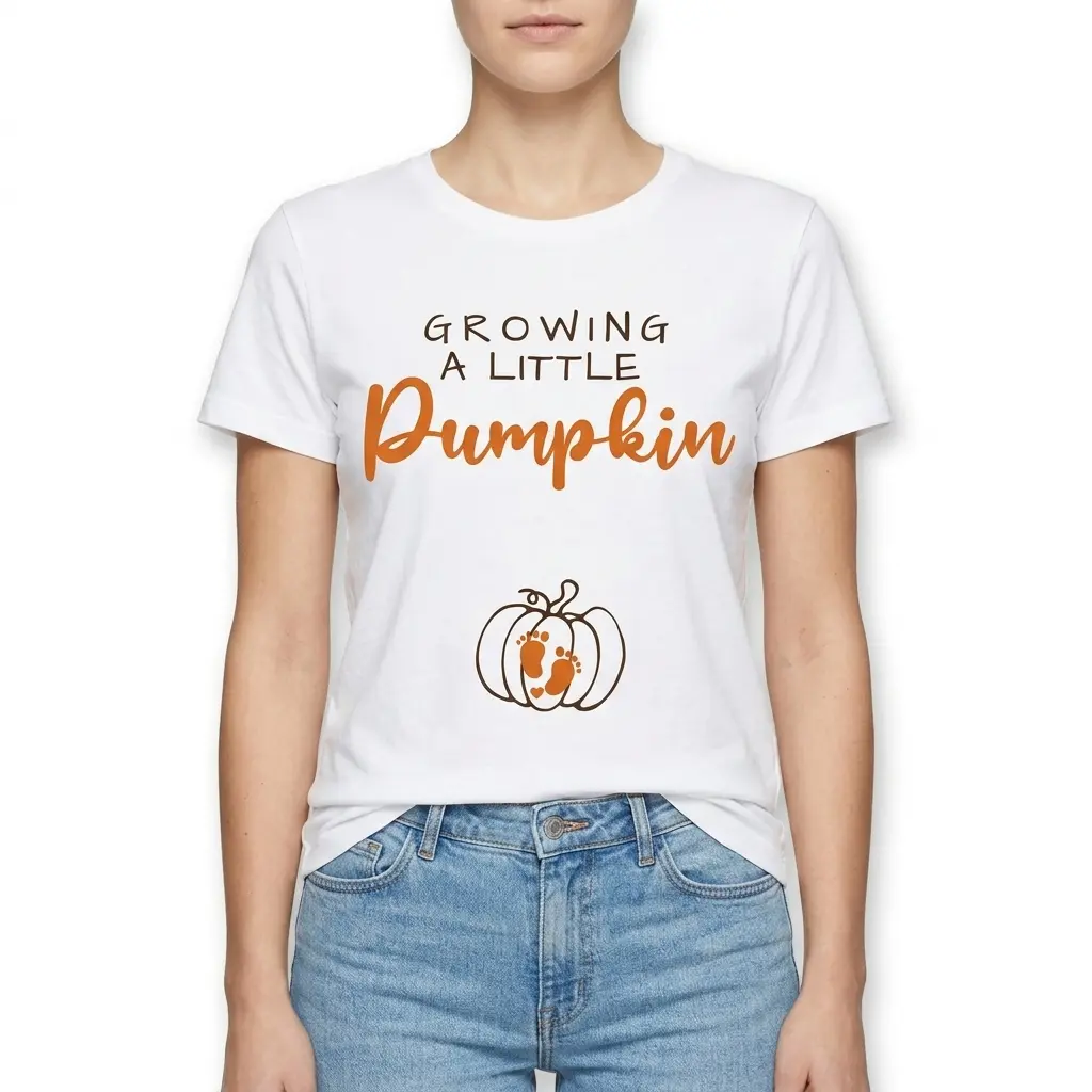 Growing A Little Pumpkin Pregnancy Announcement Shirt 4 Shirt featuring 'Growing A Little Pumpkin' and feet illustration.