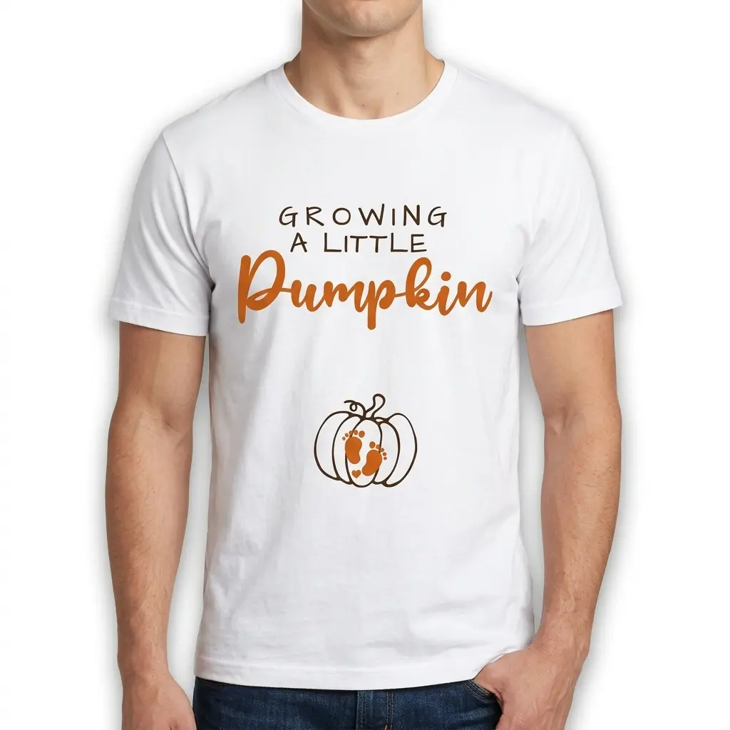 Growing A Little Pumpkin Pregnancy Announcement Shirt 5 Flat lay of pregnancy shirt with orange script and pumpkin design.