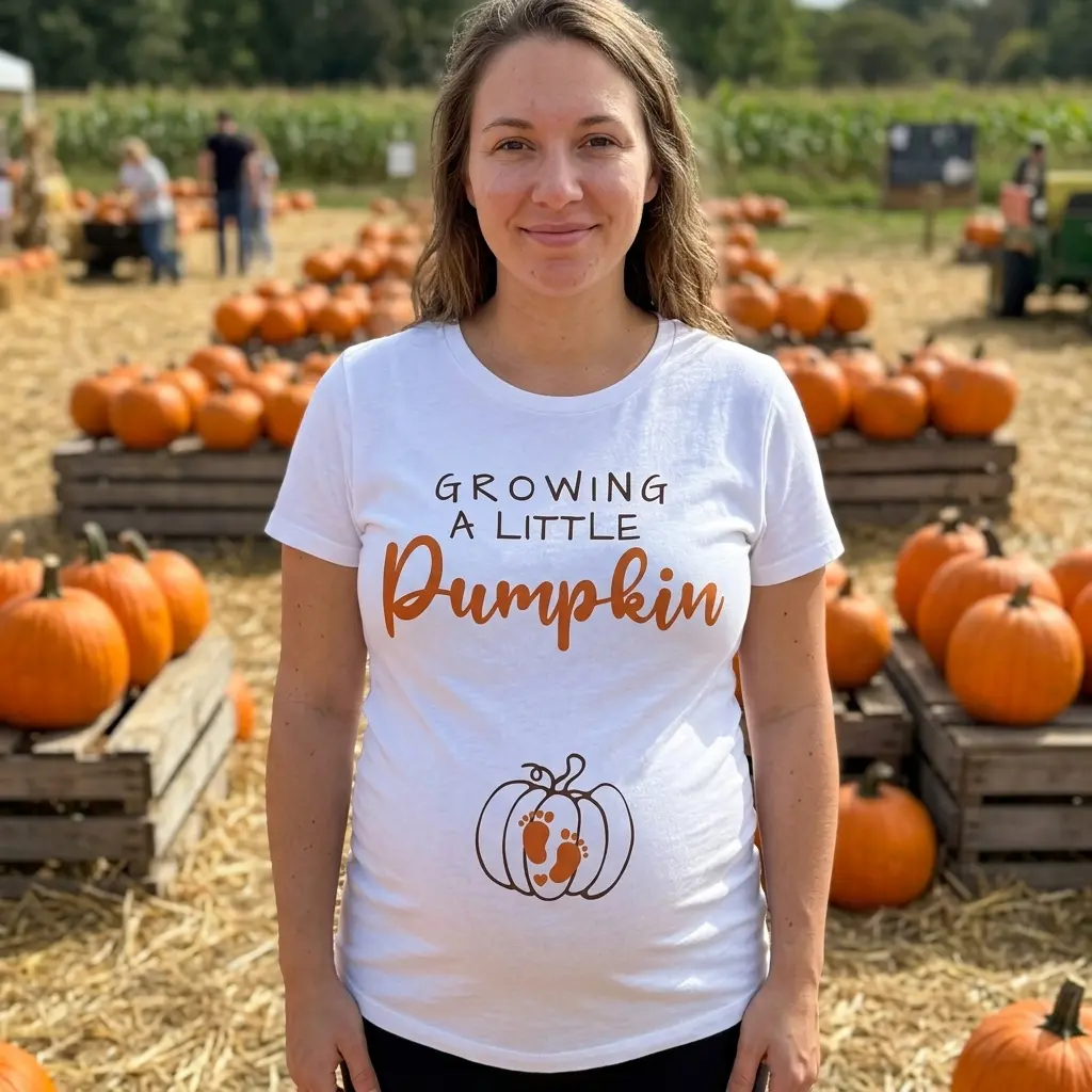 Growing A Little Pumpkin Pregnancy Announcement Shirt 6 White shirt with fall-themed pregnancy announcement in lifestyle setting.