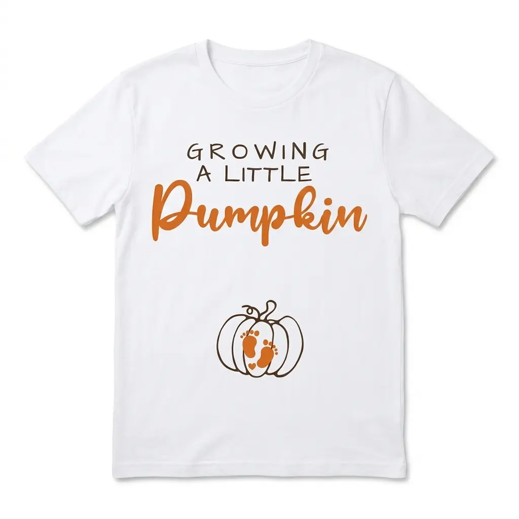 Growing A Little Pumpkin Pregnancy Announcement Shirt 1 White shirt with 'Growing A Little Pumpkin' and pumpkin design.