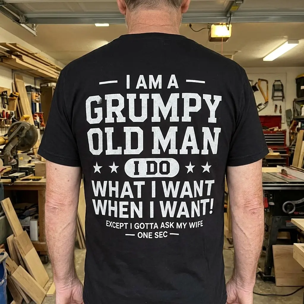 Grumpy Old Man Funny T-Shirt for Husbands 5 Man casually styled in a funny t-shirt, depicting humor about older married men.