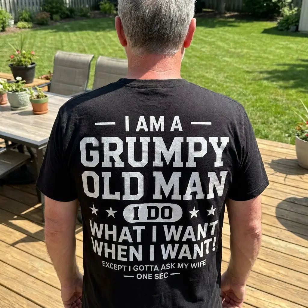 Grumpy Old Man Funny T-Shirt for Husbands 6 Outdoor snapshot of a man in a humorous text t-shirt, perfect for married men.