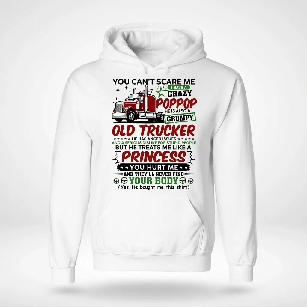 Grumpy Poppop Trucker T-Shirt 2 Front flat lay of the Grumpy Poppop Trucker Hoodie featuring a funny trucker motif.