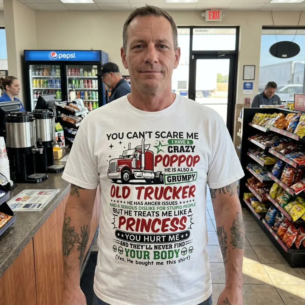 Grumpy Poppop Trucker T-Shirt 5 Grumpy Poppop Trucker T-Shirt in a casual lifestyle setting.
