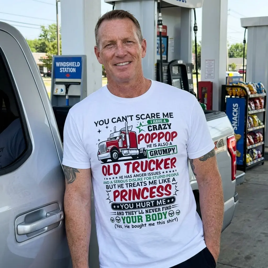 Grumpy Poppop Trucker T-Shirt 6 Grumpy Poppop Trucker T-Shirt worn in a relaxed lifestyle scenario.