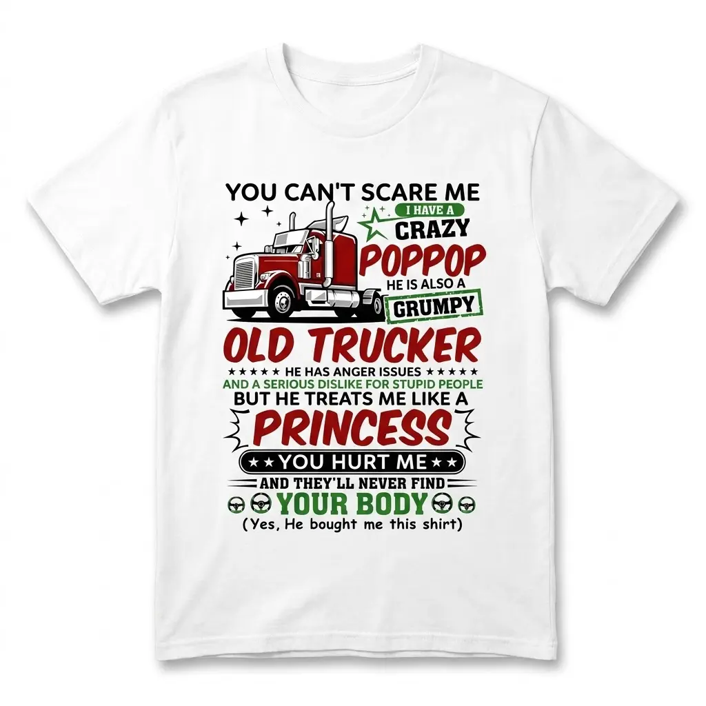 Grumpy Poppop Trucker T-Shirt 1 Front flat lay of the Grumpy Poppop Trucker T-Shirt with a humorous trucker design.