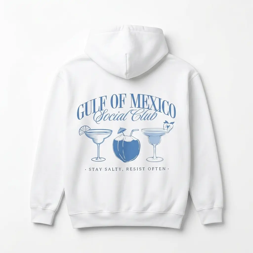 Front view of white Gulf of Mexico Social Club T-shirt, plain design.