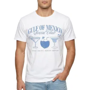 Gulf of Mexico Social Club Beach T-Shirt 8 Close-up of blue Gulf of Mexico Social Club text and cocktail graphics.