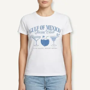 Gulf of Mexico Social Club Beach T-Shirt 9 Side view of white Gulf of Mexico Social Club T-shirt, showing sleeve.