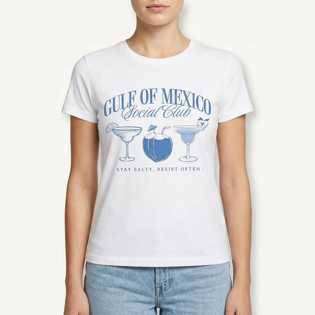 Side view of white Gulf of Mexico Social Club T-shirt, showing sleeve.