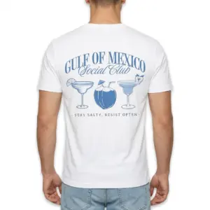 Gulf of Mexico Social Club Beach T-Shirt 10 Flat lay of white Gulf of Mexico Social Club T-shirt, front and back displayed.