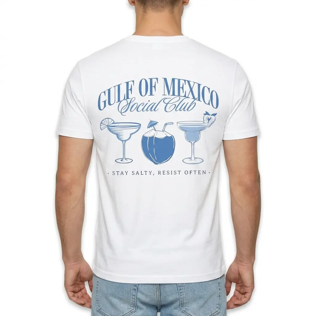 Flat lay of white Gulf of Mexico Social Club T-shirt, front and back displayed.