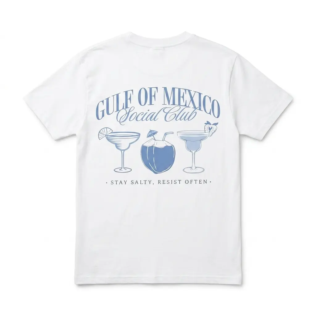 Back view of white Gulf of Mexico Social Club T-shirt with blue cocktail graphics.