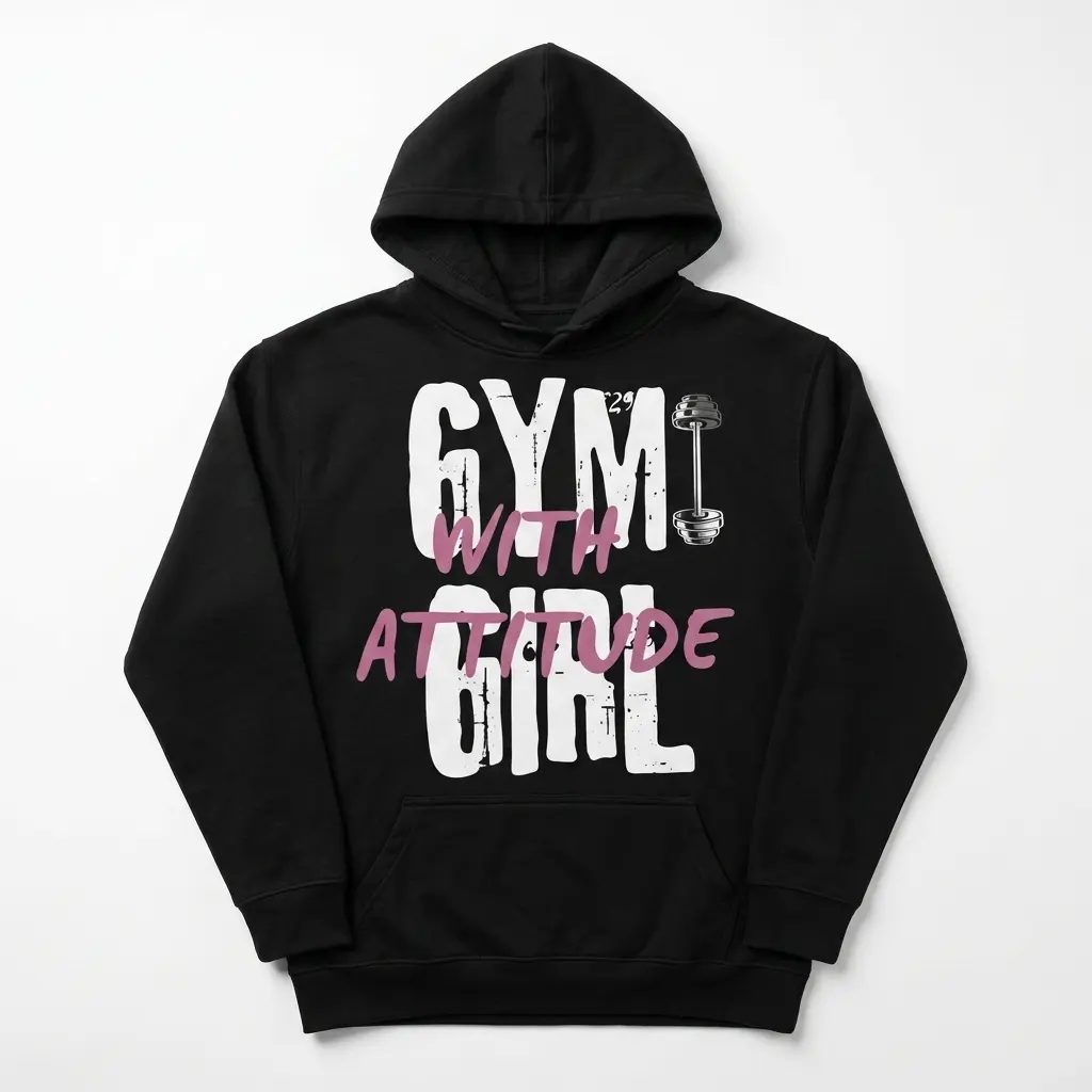 Front view of black gym shirt with bold attitude design.